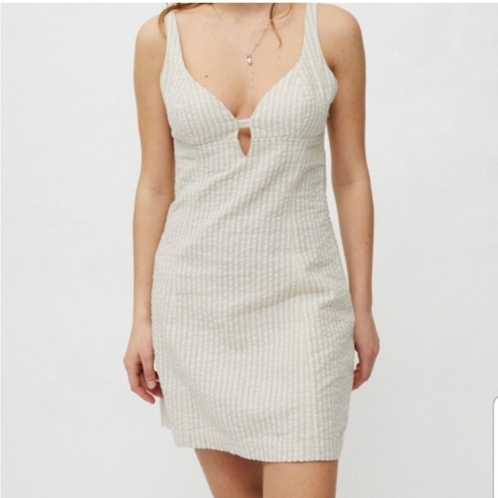 NWT Urban Outfitter Tan white Stripe Mini Dress Why Not Seersucker Size Medium